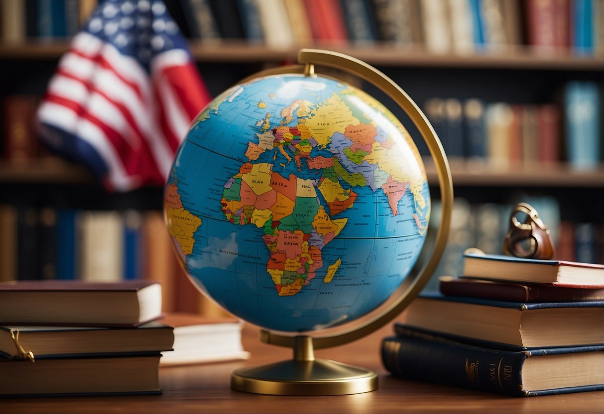 A globe surrounded by books and language learning materials, with flags from different countries hanging in the background