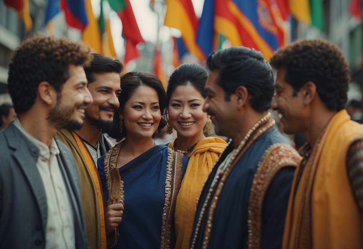 A group of diverse individuals engage in cultural exchange activities, sharing traditions and customs. Flags from different countries decorate the background, symbolizing global unity