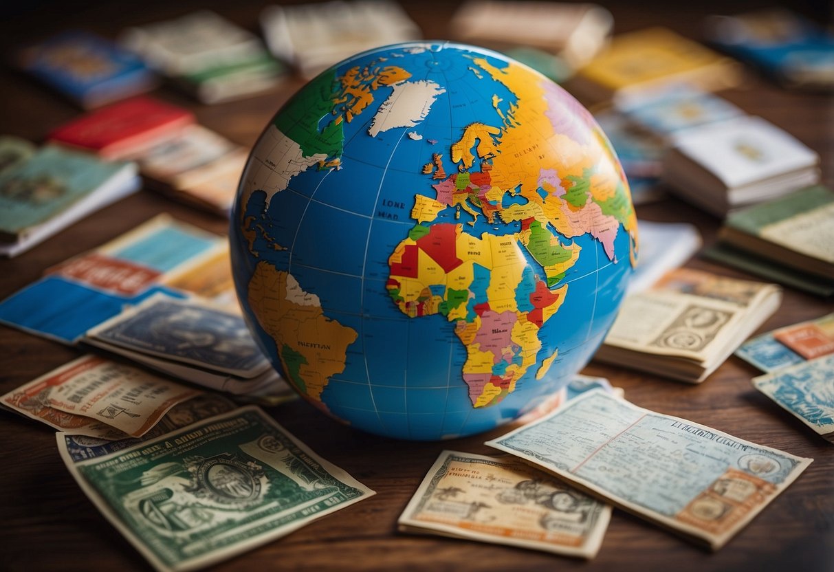 A globe surrounded by diverse flags, children's books from around the world, a world map, and a passport with stamps from different countries