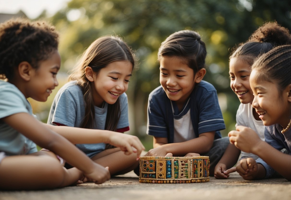 A group of diverse children playing and learning together, exchanging cultural items and sharing stories, fostering friendships with international students