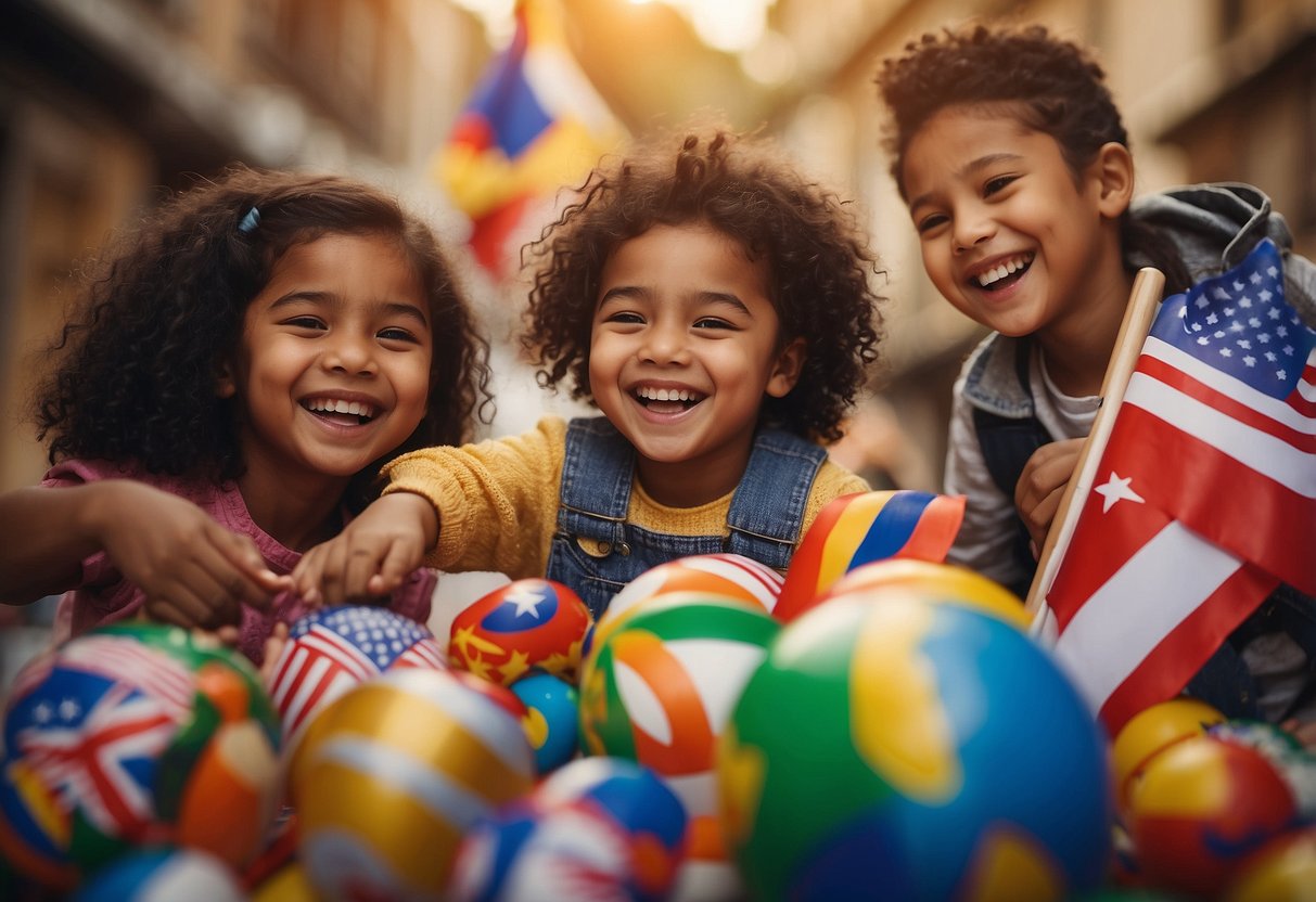 Children of diverse backgrounds playing together with toys from around the world, smiling and laughing. Flags from different countries are displayed in the background