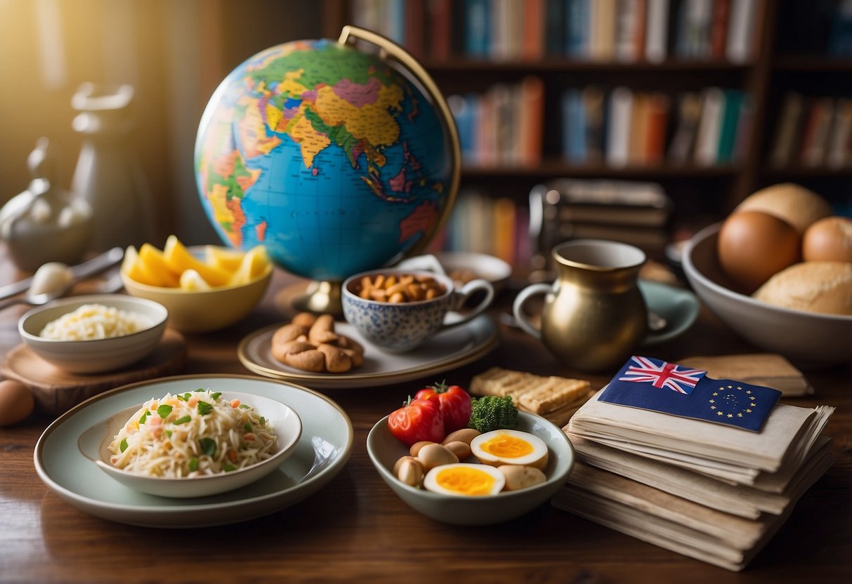 A table set with dishes from around the world, flags of different countries, a globe, and a passport. Books on cultural diversity and language learning materials scattered around the room