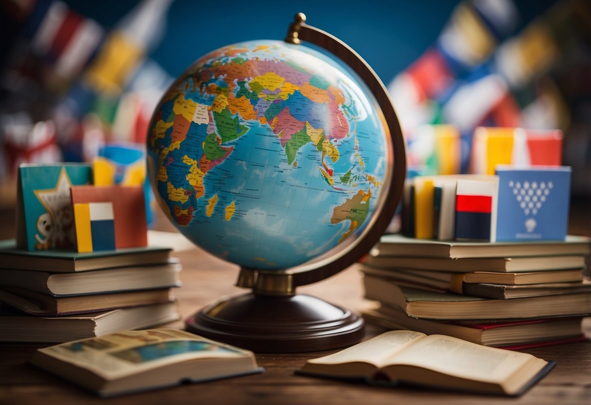 A globe surrounded by diverse flags, books on global issues, and children's artwork promoting unity and understanding