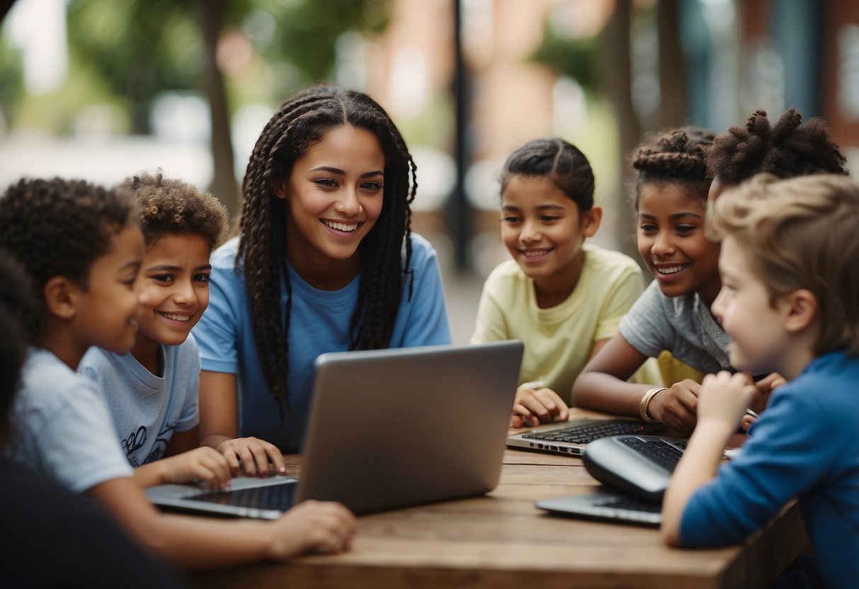 A diverse group of children engaging in activities like learning about different cultures, participating in community service, and using technology to connect with peers from around the world