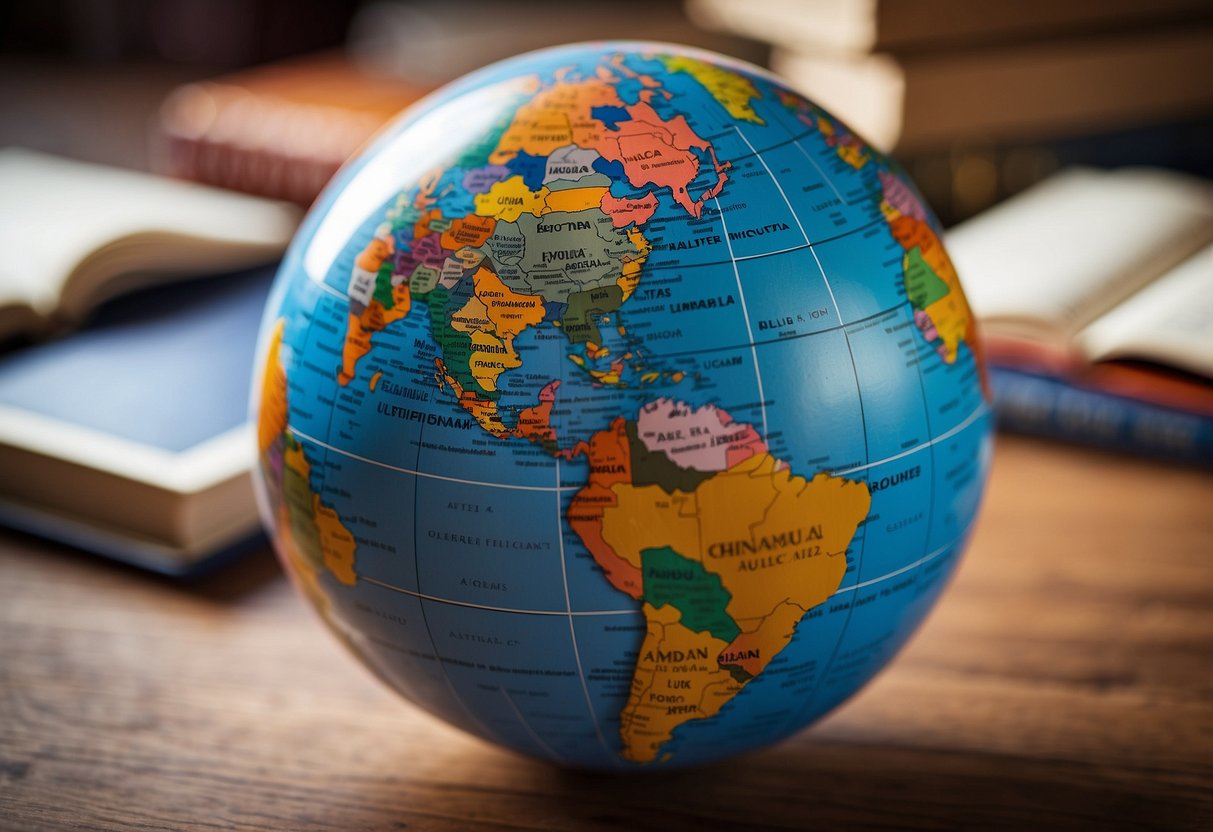 A globe surrounded by diverse flags, books on different cultures, a world map, a multicultural poster, a language dictionary, and a globe-trotting toy