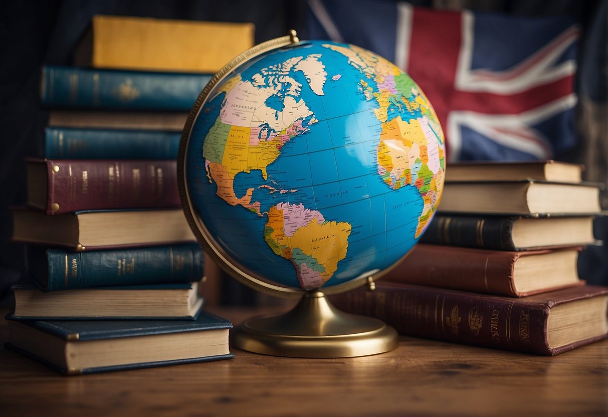 A globe surrounded by books, flags, and language learning materials. A world map with highlighted countries. Cultural artifacts displayed