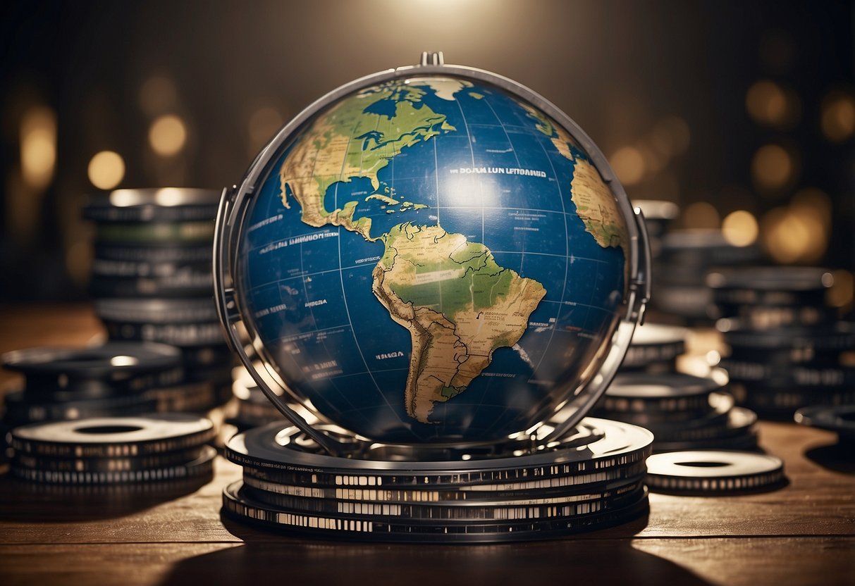 A globe surrounded by documentary film reels, with images of poverty, pollution, and social injustice projected onto the surface