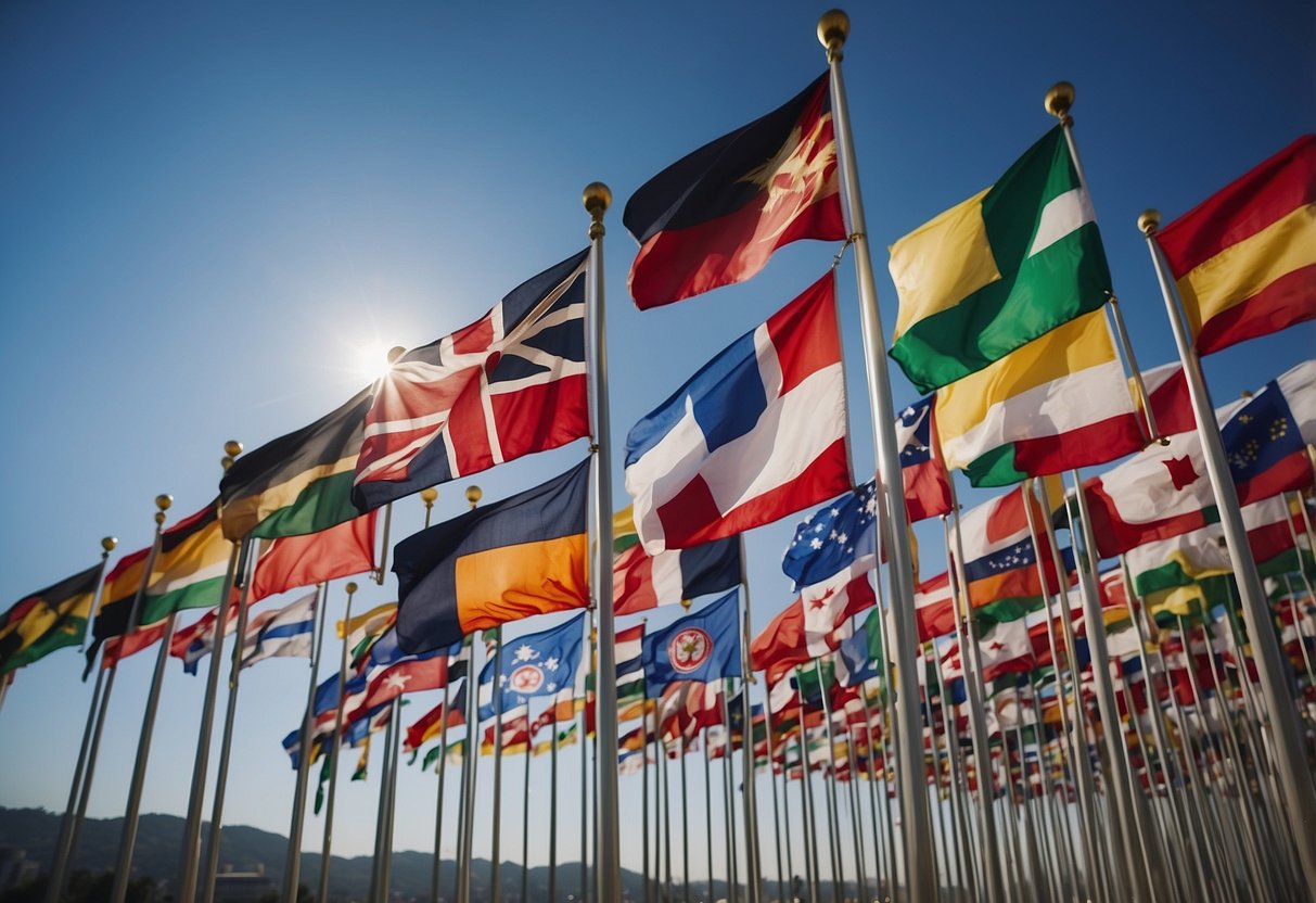 A diverse group of flags from around the world waving in the wind, surrounded by symbols of different international holidays