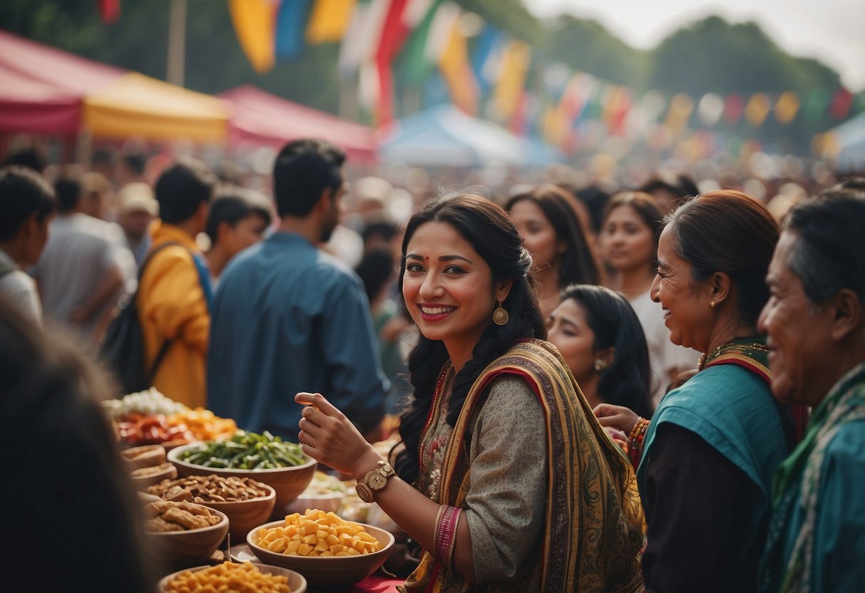 A diverse group of people gather at a festival, showcasing different cultures through food, music, and traditional attire. Flags from around the world line the streets, and children eagerly participate in cultural activities