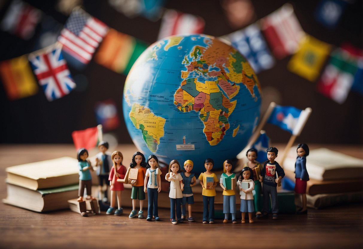 A globe surrounded by diverse flags, books on different cultures, a world map, and children of various ethnicities playing together