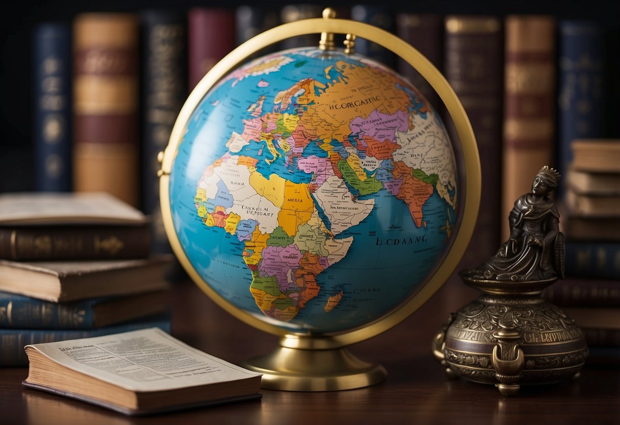 A globe surrounded by diverse cultural symbols, books on world cultures, a world map, flags of different countries, and a poster with the words "Encouraging Global Awareness at Home" displayed prominently