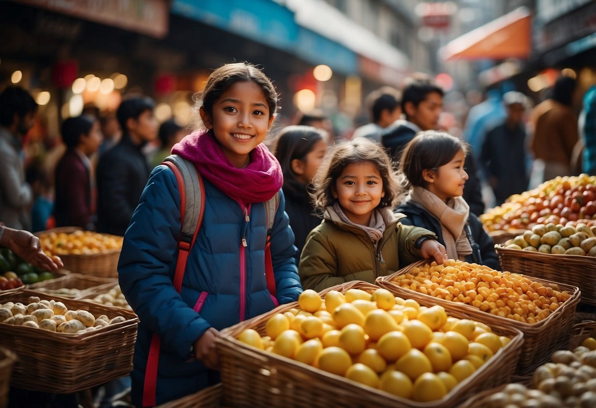 A group of children from diverse backgrounds explore a bustling market in a foreign country, marveling at the colorful array of goods and interacting with locals