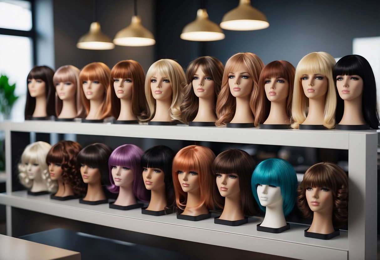 A table with a variety of wigs and hair extensions displayed. Pros and cons listed on a sign. Bright lighting and clean background for illustrator reference