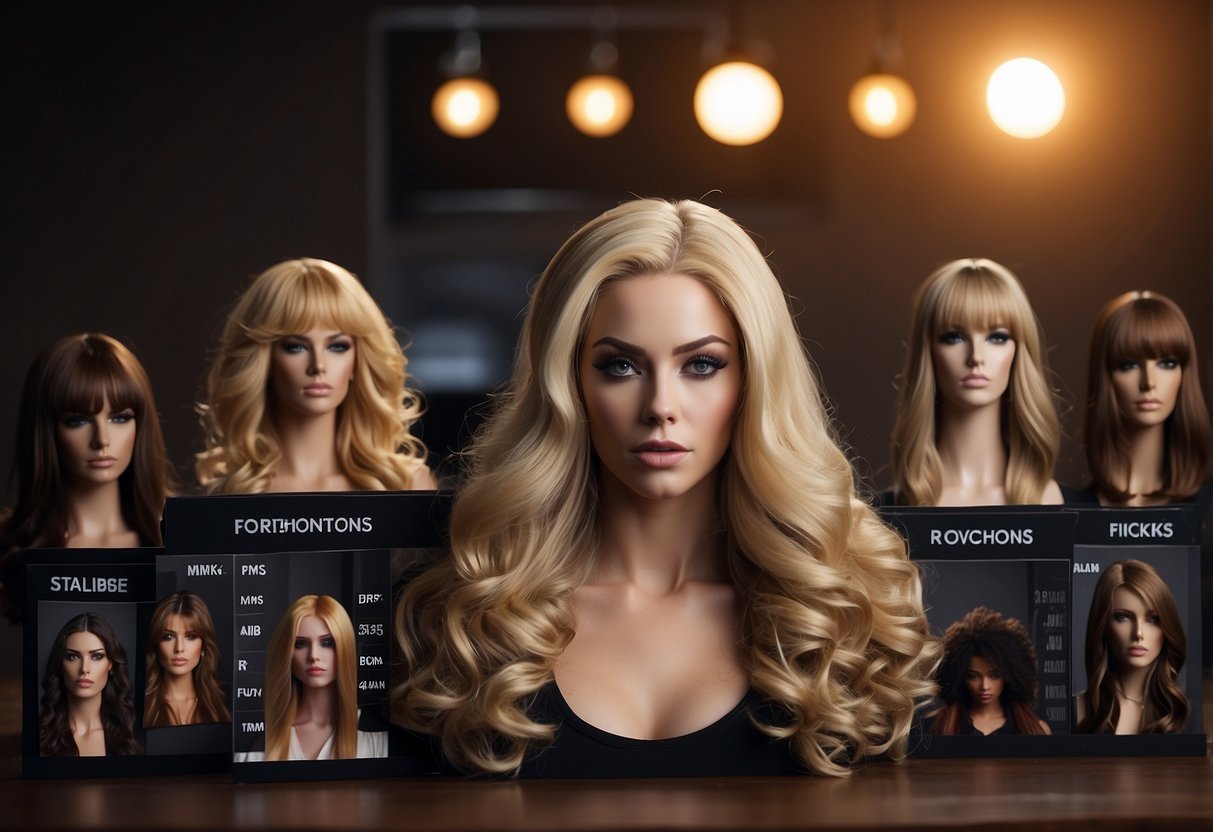 A table with wigs and hair extensions, each labeled with their pros and cons. A person weighing their options, considering different factors