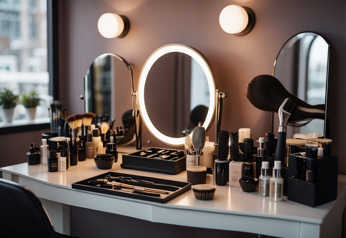 A table with wigs and hair extensions displayed. A mirror reflects the options. Hairstyling tools and products are neatly arranged nearby