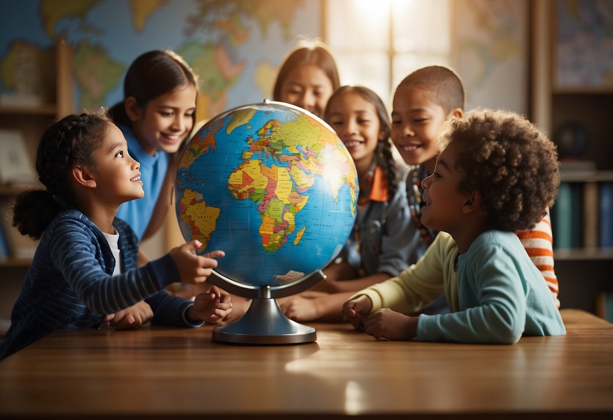 A diverse group of children gather around a globe, pointing and discussing different countries and global issues. A world map hangs on the wall behind them, showing various regions and cultures