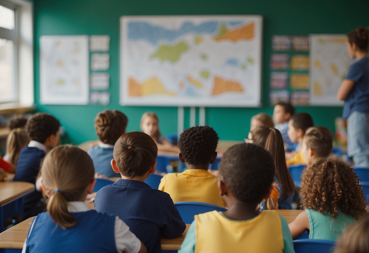 A colorful classroom with posters of wind turbines and solar panels. Children listen attentively as the teacher discusses global issues and renewable energy