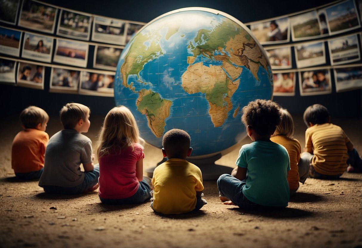 A globe surrounded by images of poverty-stricken areas, with a diverse group of children looking at it with curiosity and concern