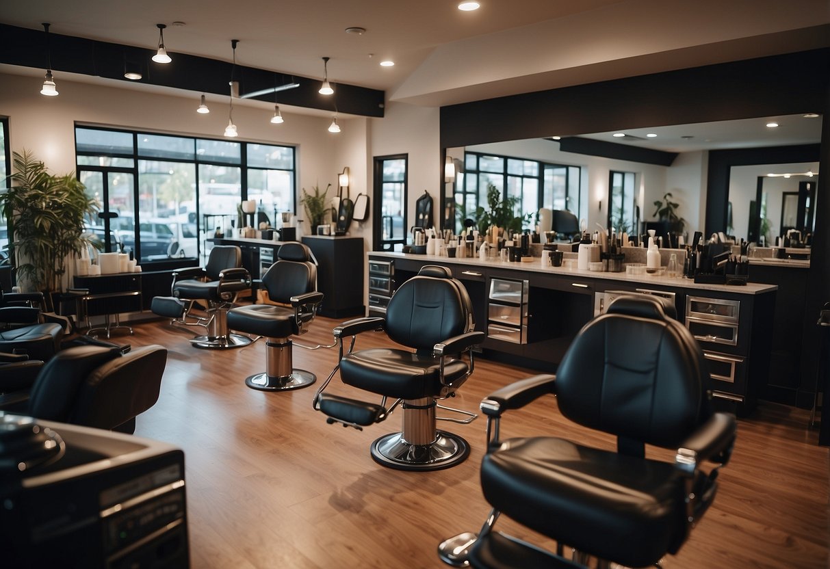 A bustling salon with various stations, tools, and products. A confident owner oversees operations, while employees work diligently. The atmosphere is lively and professional, with satisfied clients enjoying their services