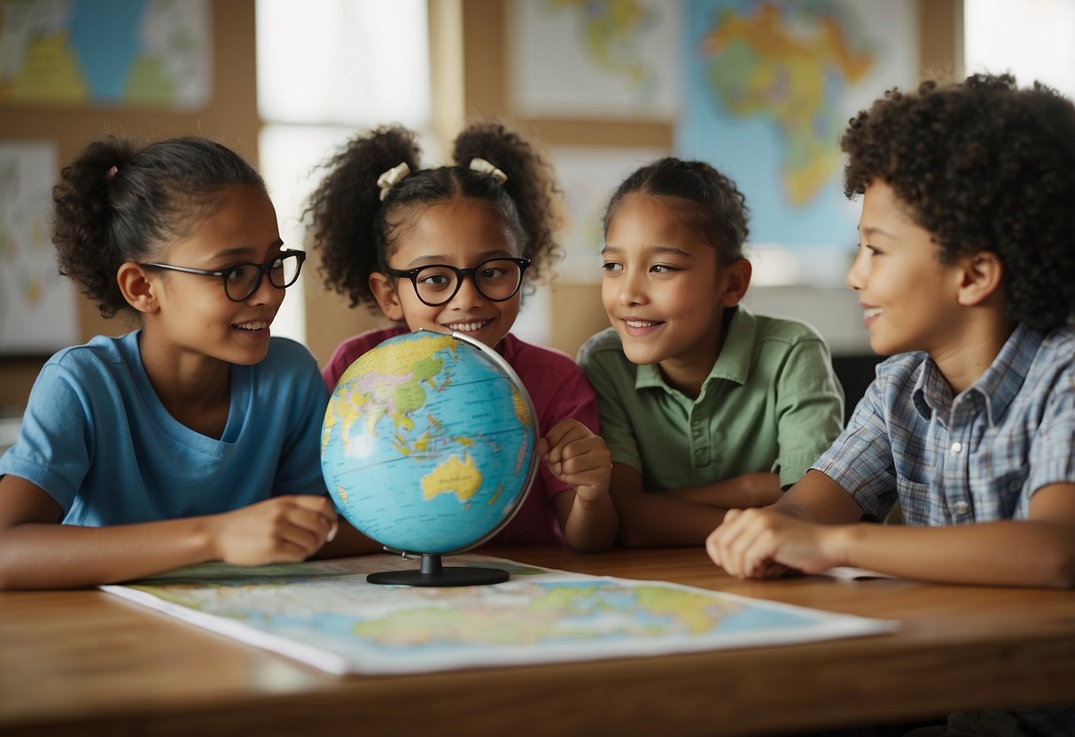 A group of diverse children engaged in discussions, surrounded by maps, globes, and educational materials about global issues. They are actively participating in activities that encourage critical thinking and understanding of the world around them