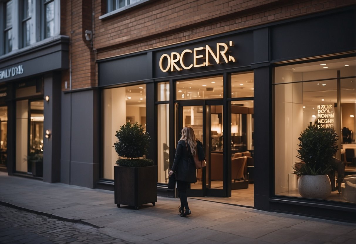 A salon logo and name displayed prominently on a storefront, with happy customers entering and leaving. A sign advertises "Under New Management."