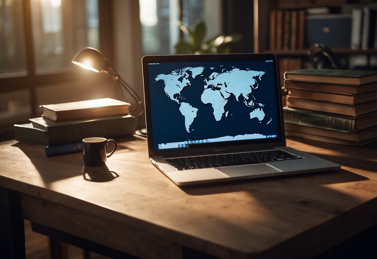 A computer desk with a laptop open to Khan Academy website. A world map and educational books in the background