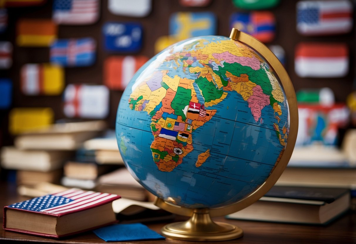 A globe surrounded by diverse flags, books, and a computer displaying global education websites. A world map hangs on the wall