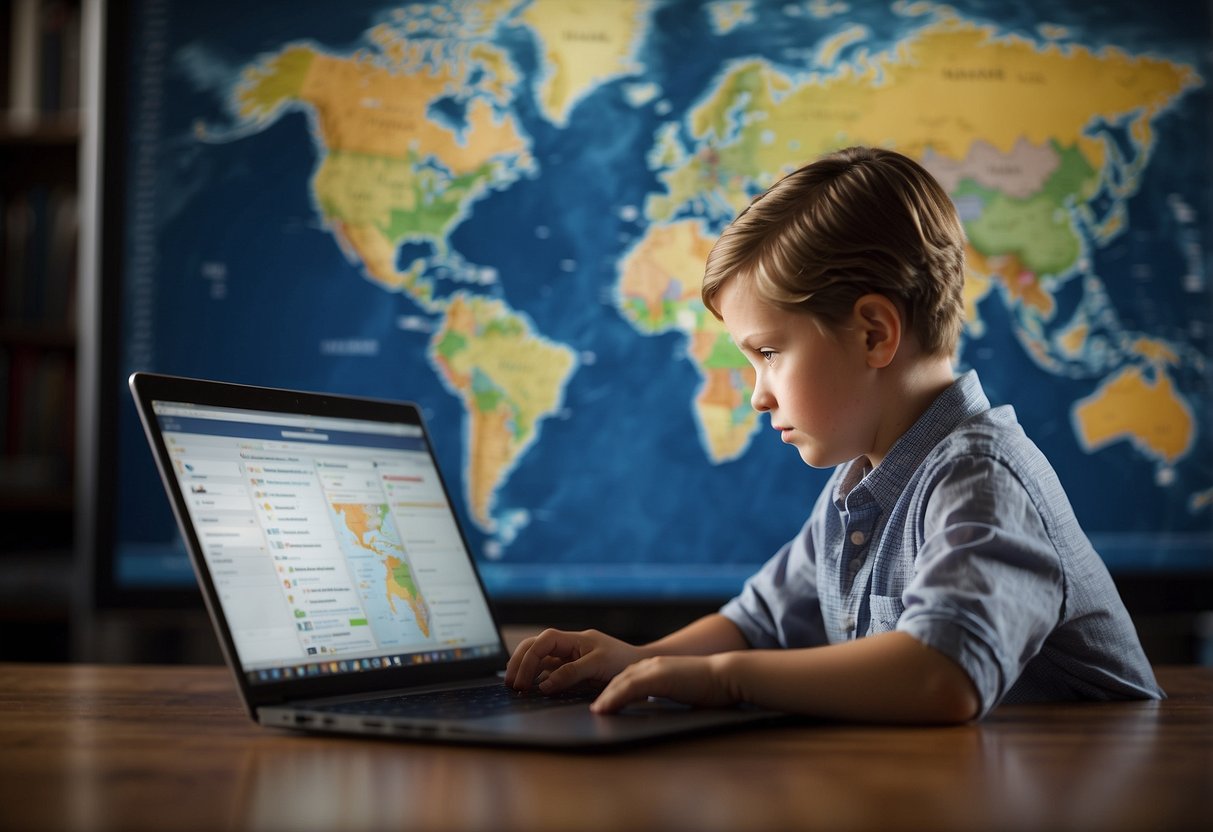 A child sits at a desk with a laptop, surrounded by a world map, globe, and books. Online resources for global learning are displayed on the screen