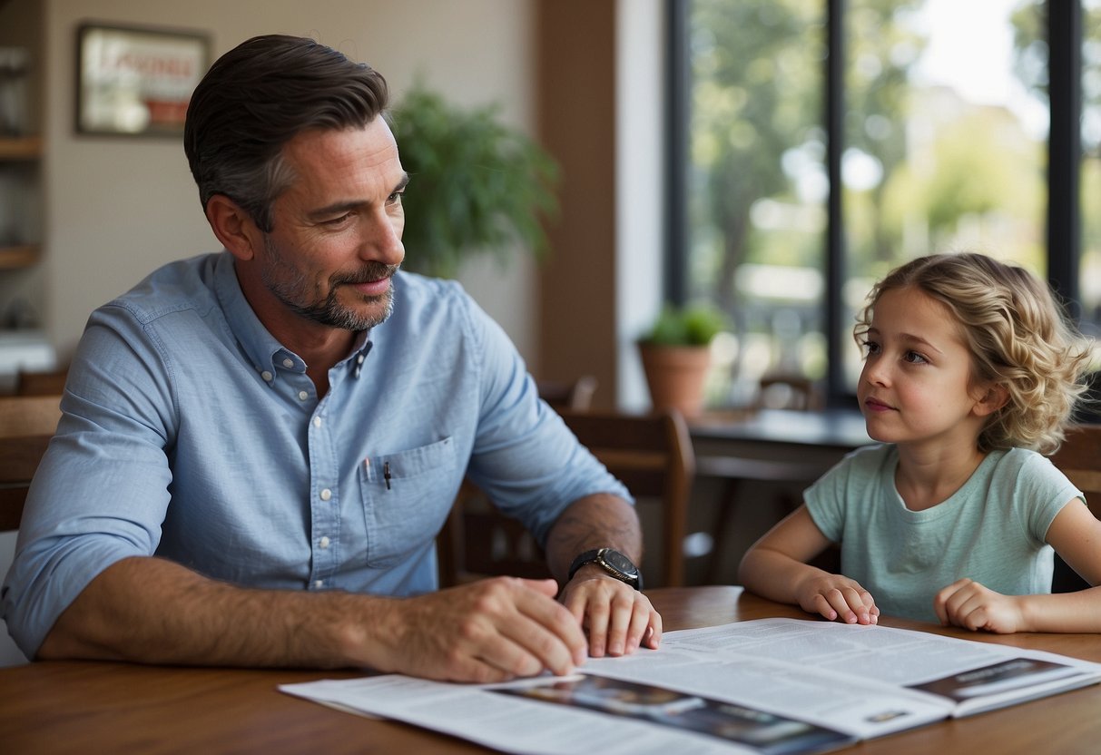 A child and parent sit at a table, discussing news articles and using visual aids to explain complex topics. The child looks engaged and curious, while the parent provides guidance and support