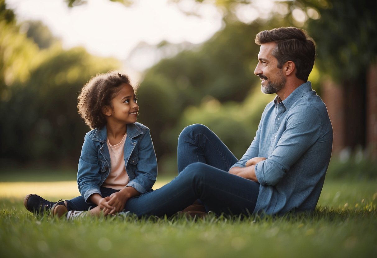 A child and a parent sit together, discussing current events. The child listens attentively as the parent asks open-ended questions, engaging in a meaningful conversation