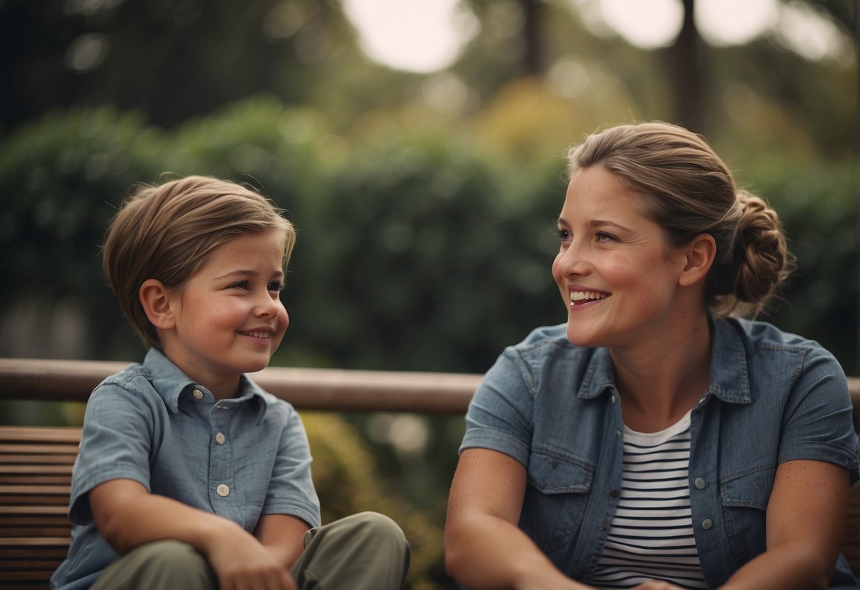 A child and parent sit together, discussing news events. The parent uses age-appropriate language and engages the child in a calm, open conversation