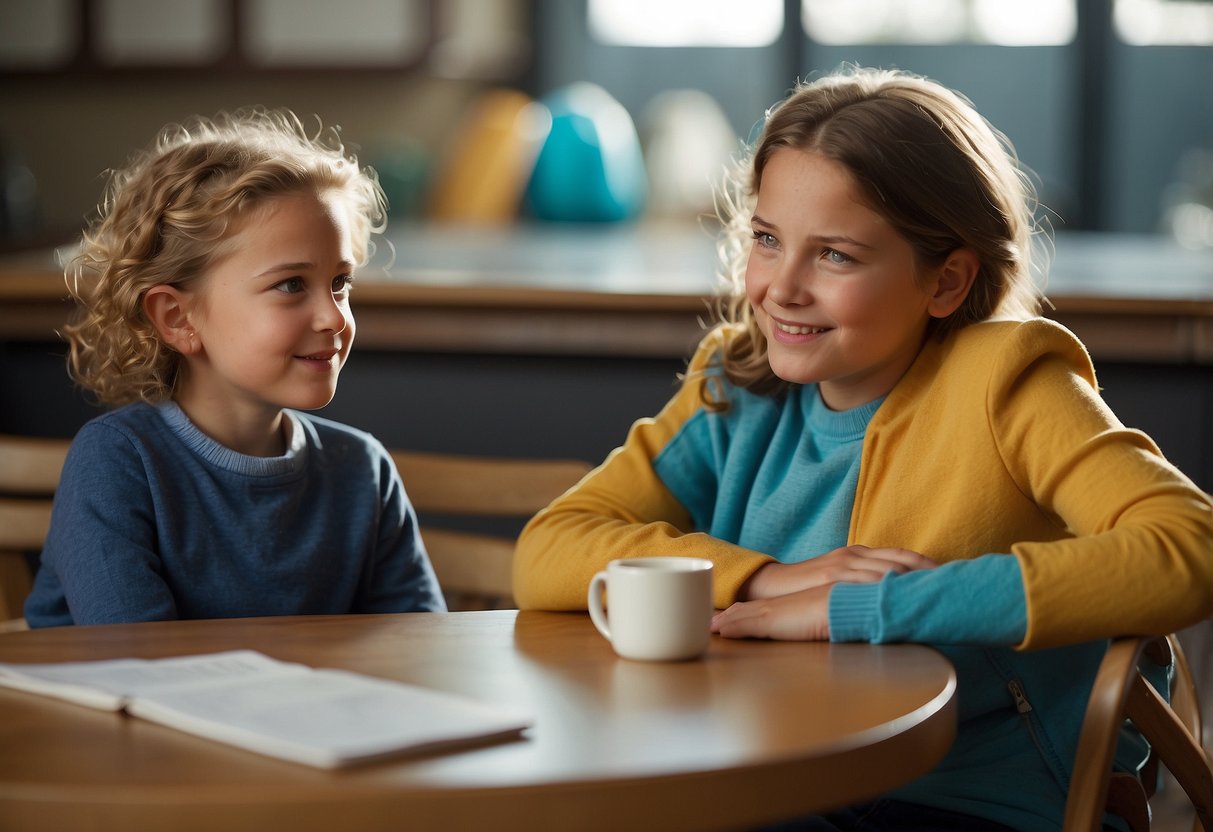 A child and a parent sit at a table, discussing current events. The parent is actively listening and engaging with the child, using positive language and open body language. The child is attentive and responsive, showing interest in the conversation