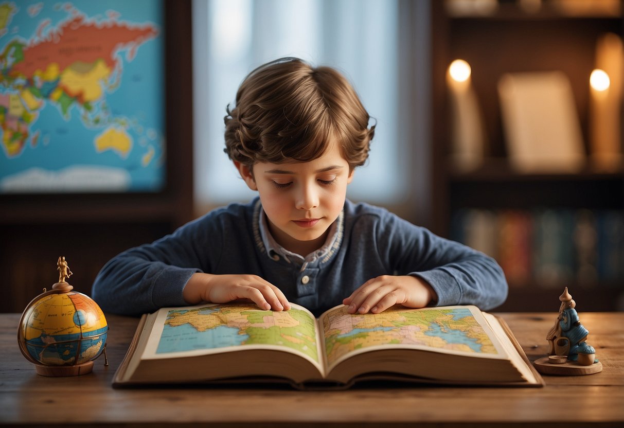 A child sits with a book, surrounded by colorful illustrations and symbols. A map of the world and various objects representing different cultures are spread out on the table