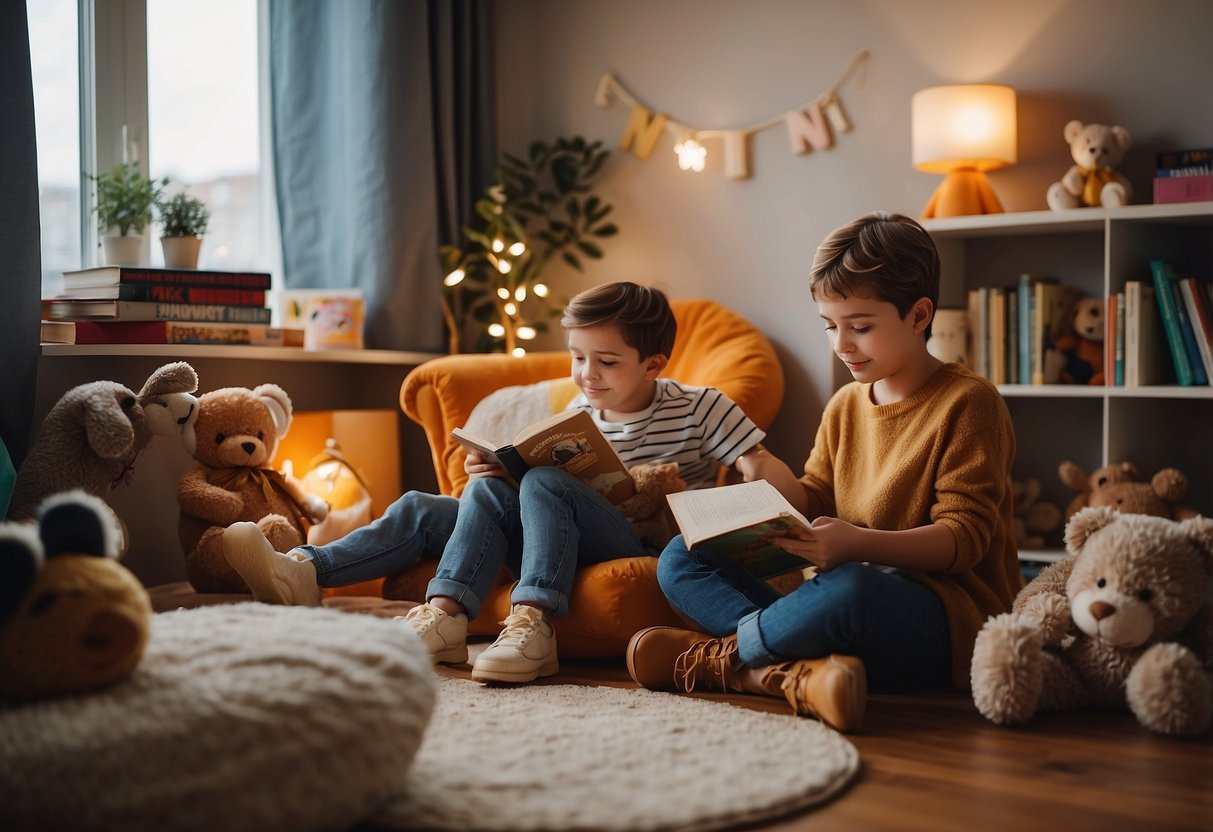 A child's room with books, toys, and a cozy reading nook. A parent and child sit together, discussing news articles and using visual aids