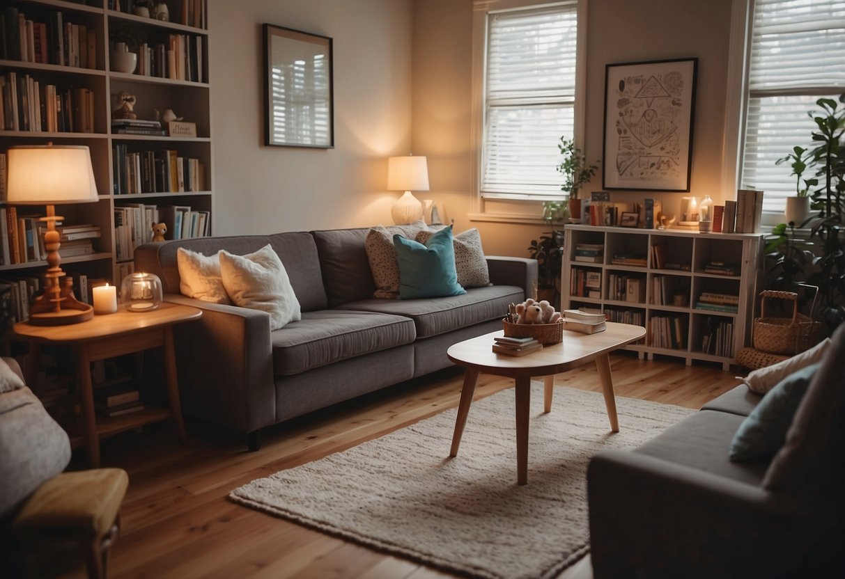 A cozy living room with soft lighting, comfortable seating, and a variety of age-appropriate books and toys. A small table is set up with art supplies for drawing and writing