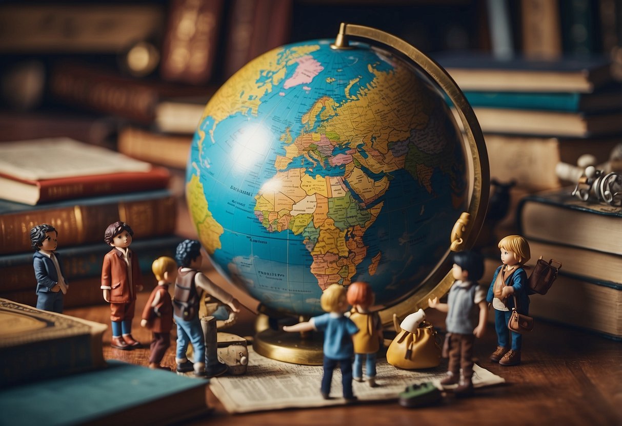 Children exploring a globe, surrounded by diverse cultural objects and symbols. Maps and books on global topics are spread around them, inspiring curiosity and open-mindedness