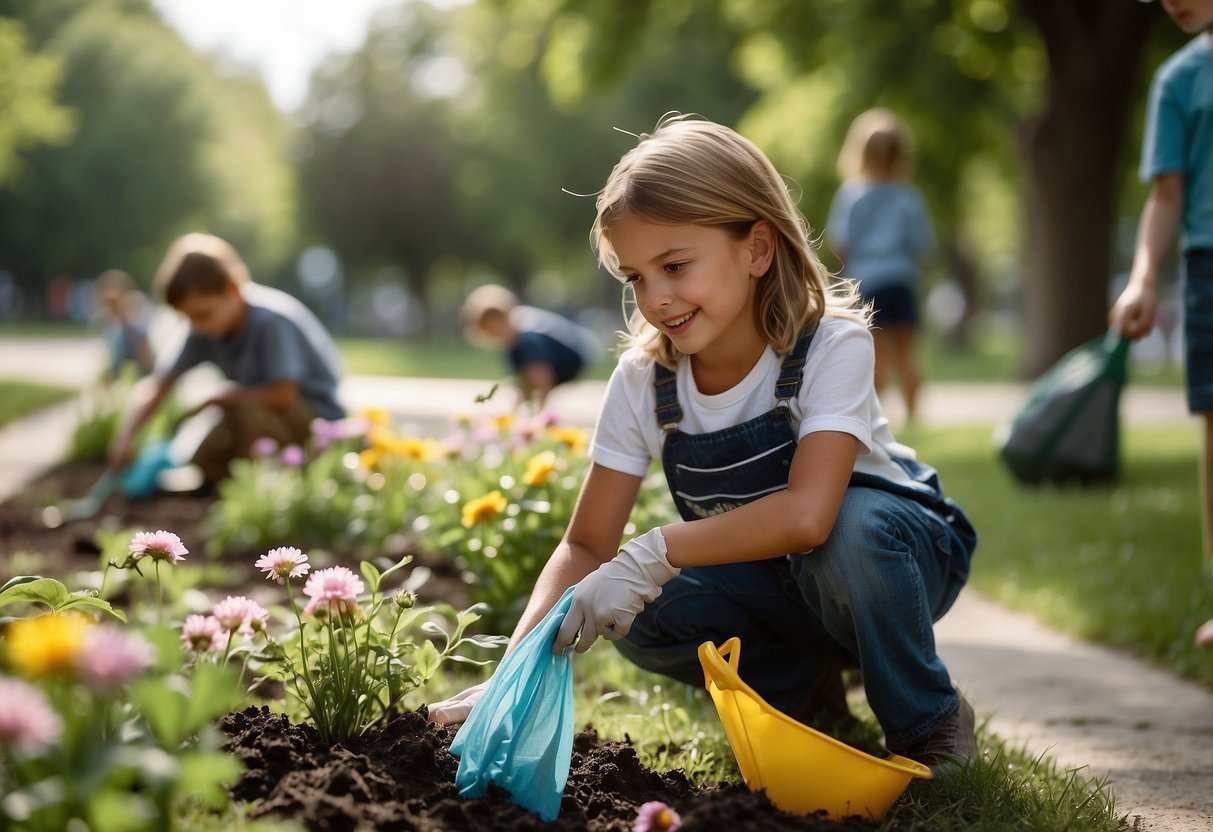 Children cleaning up a local park, collecting trash and planting flowers. They are also visiting a nursing home, reading to the elderly and playing games with them