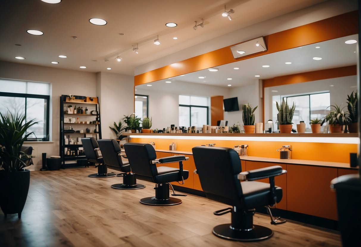 A vibrant salon with a mix of content creation and community events. Social media posts and flyers promote budget-friendly services. Customers engage in workshops and share their experiences online