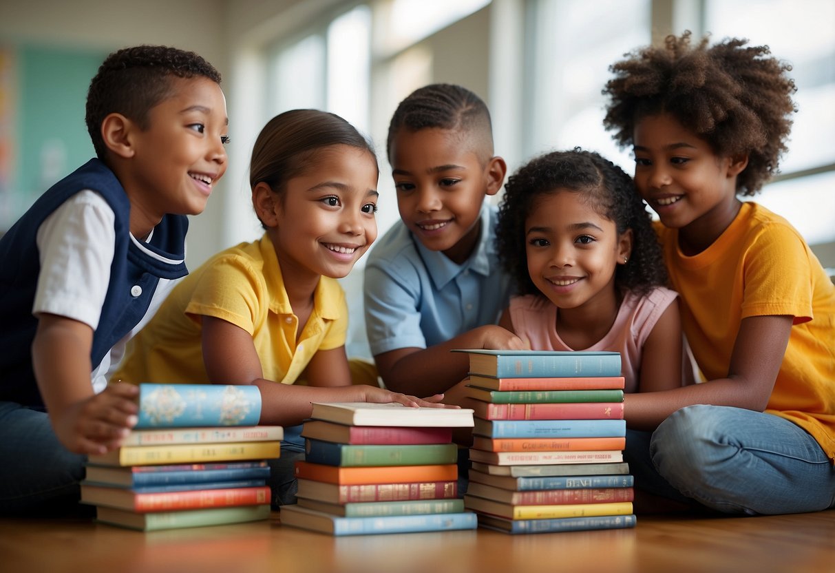 A diverse group of children gather around a stack of colorful books, each representing a different culture. The children are engaged and curious as they explore the pages, opening their minds to new perspectives