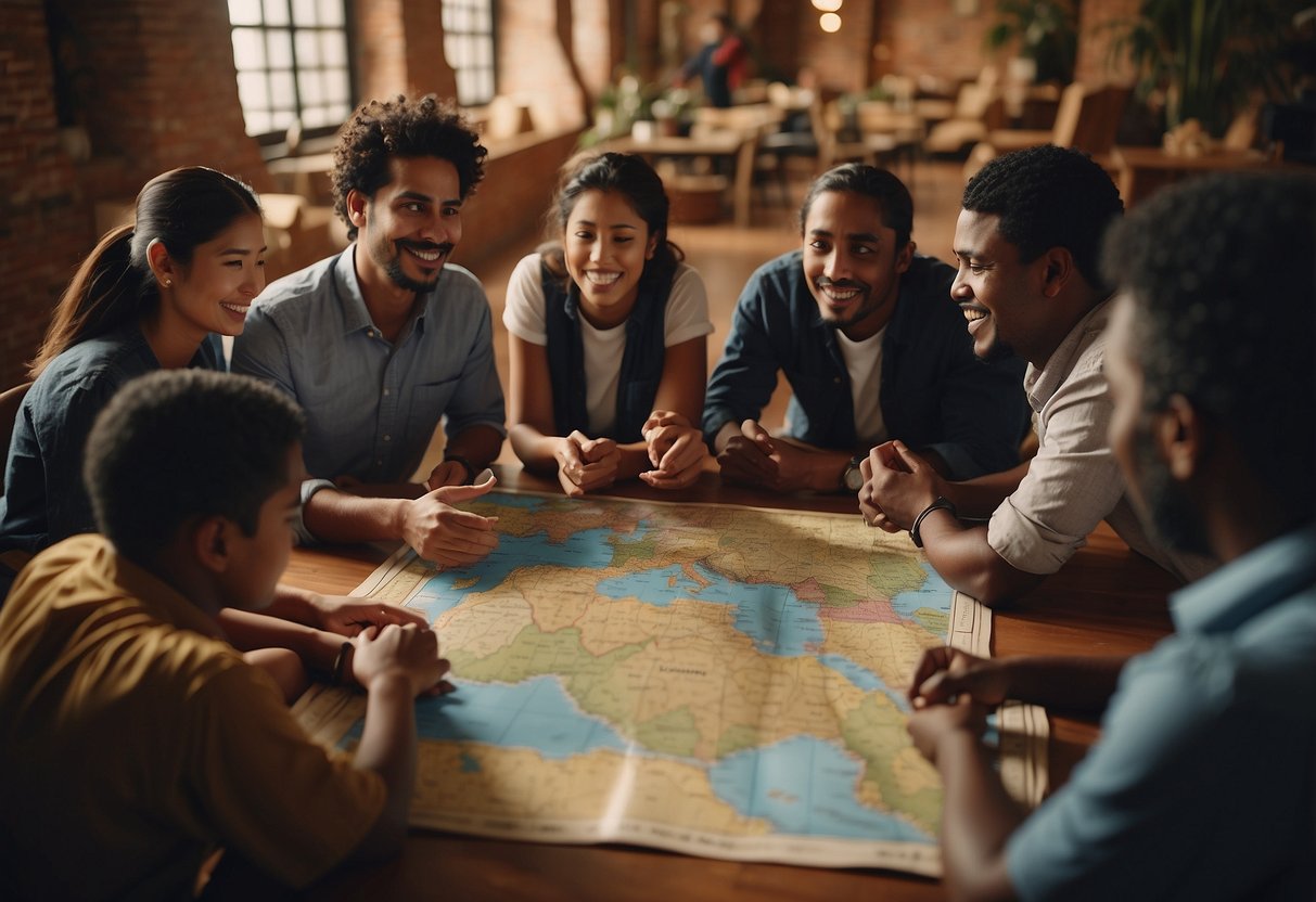 A group of diverse individuals engage in cultural activities, sharing traditions and ideas. Maps, flags, and symbols from different countries surround them, promoting global awareness and understanding