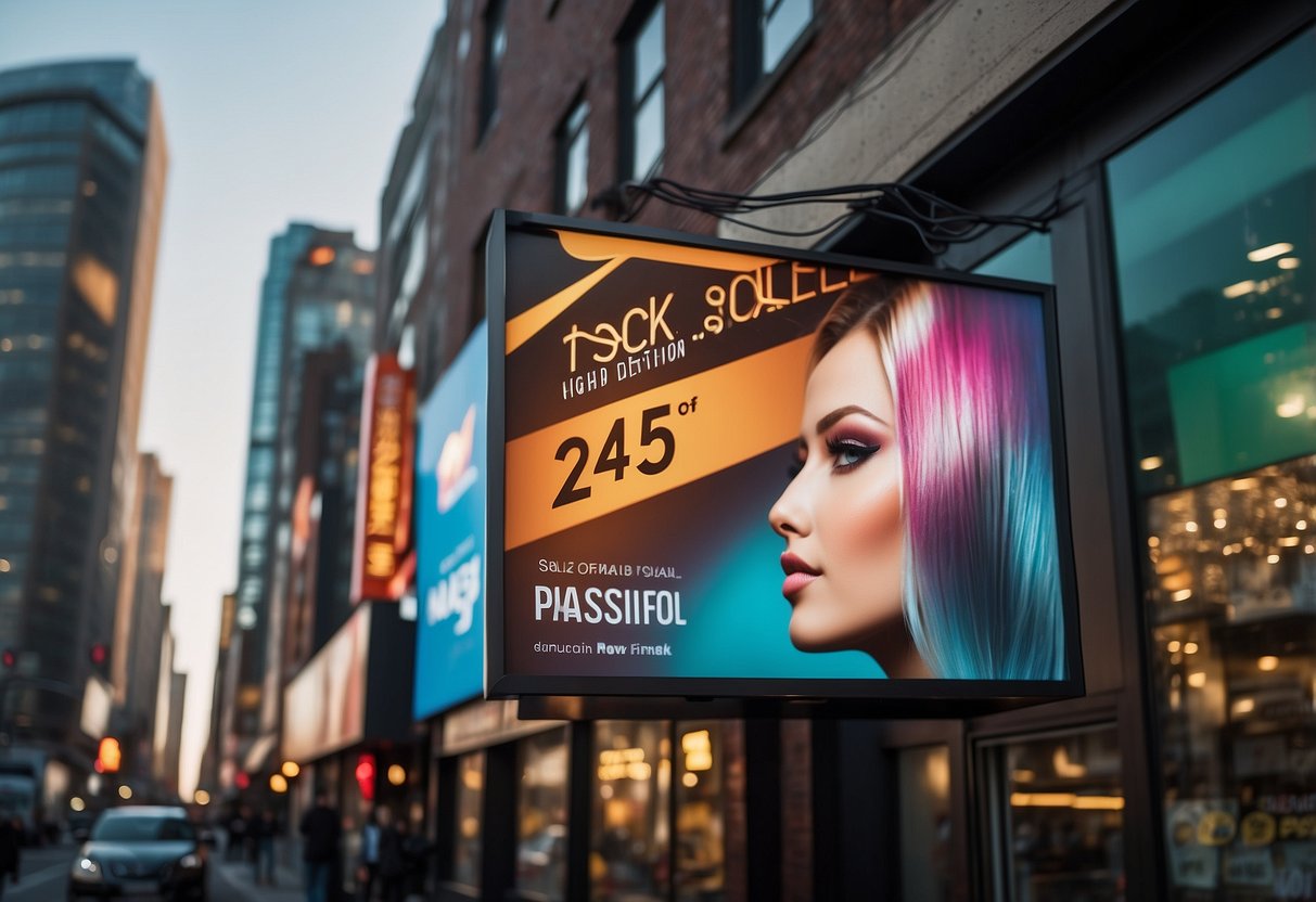 A vibrant salon sign stands out against a busy city backdrop, while colorful flyers and social media ads catch the attention of passersby