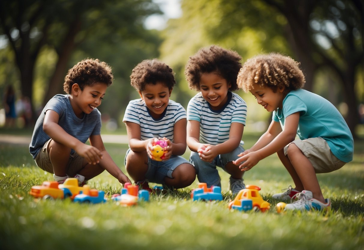 Children playing together in a park, representing diversity through different races, cultures, and abilities. Showing them sharing toys, laughing, and communicating