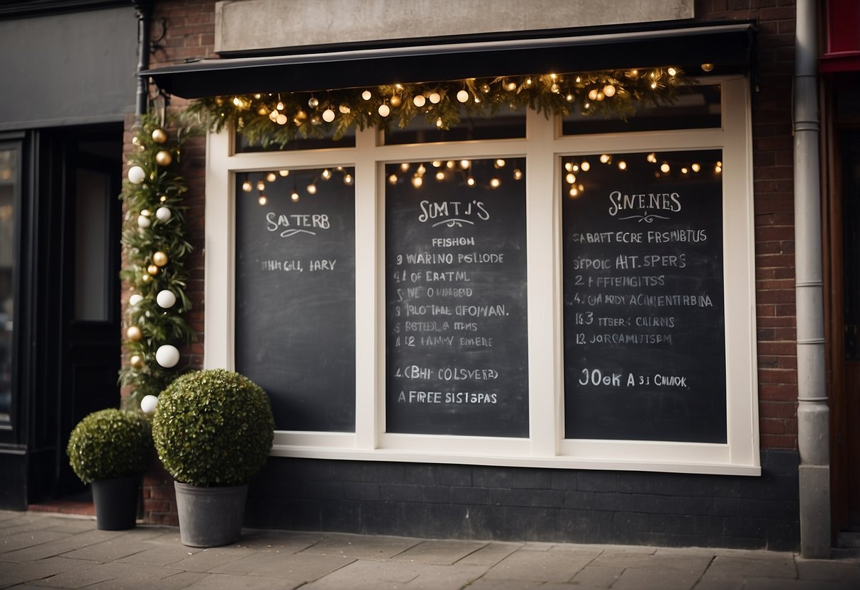 A salon sign with festive decorations and a chalkboard displaying special occasion promotions. A line of happy customers waiting outside