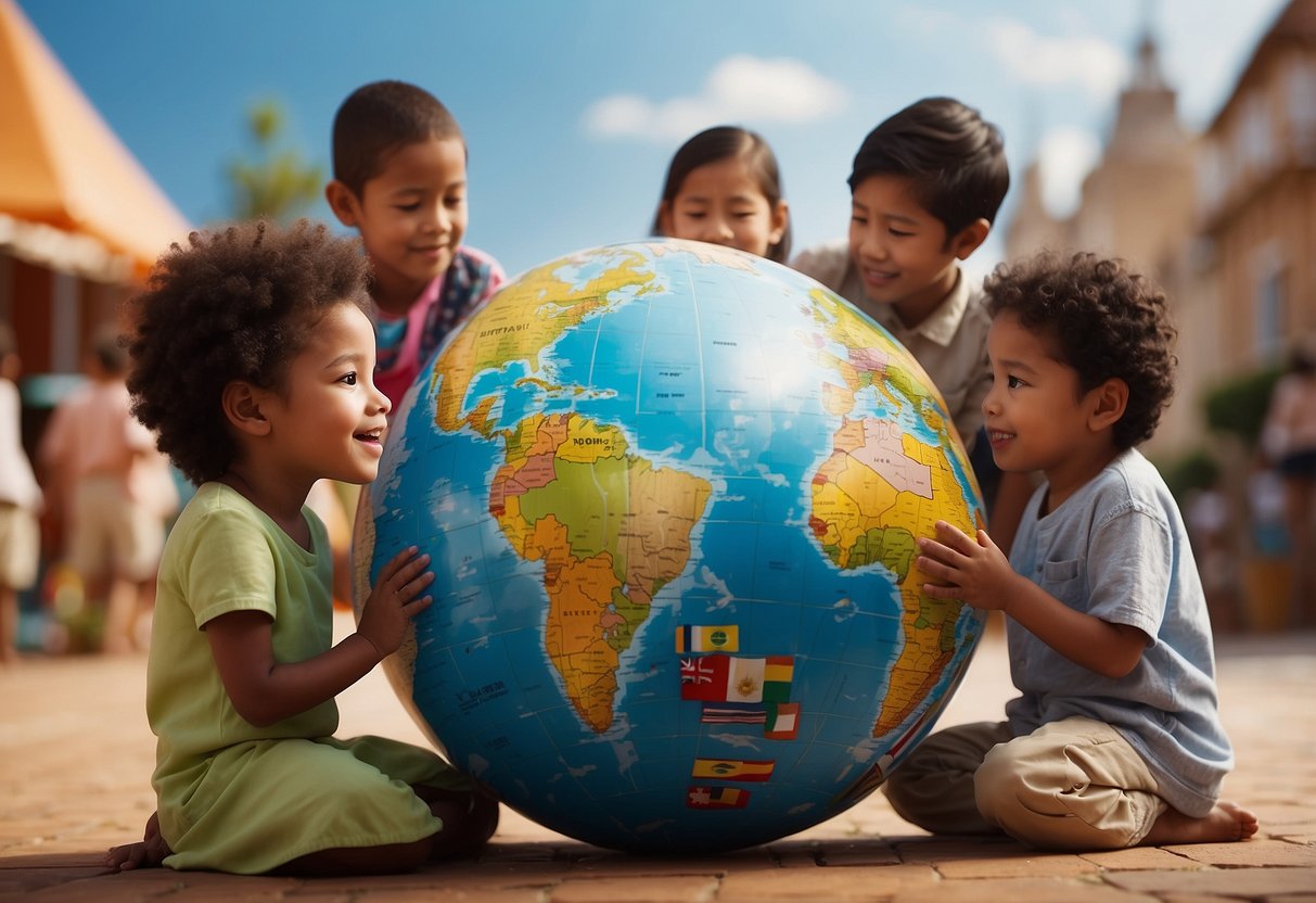 Children around a globe, reading books about different cultures, surrounded by diverse flags and symbols of unity