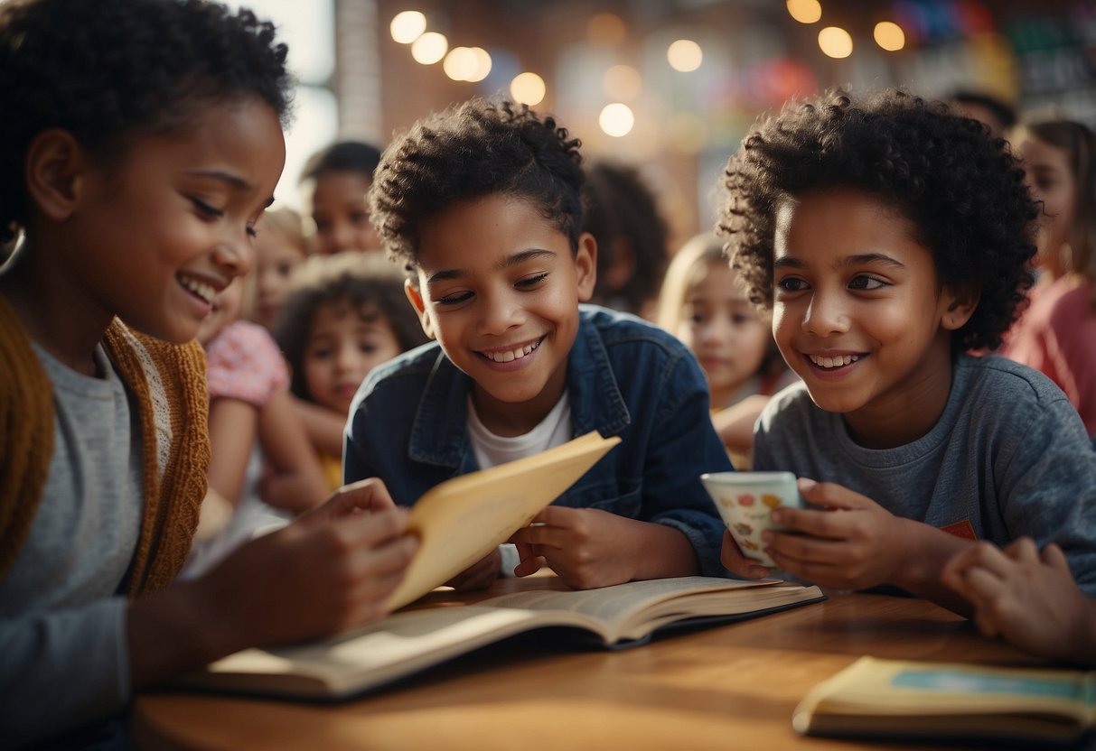 A diverse group of children playing together, reading books about different cultures, sharing food from various backgrounds, attending multicultural events, and learning about global issues