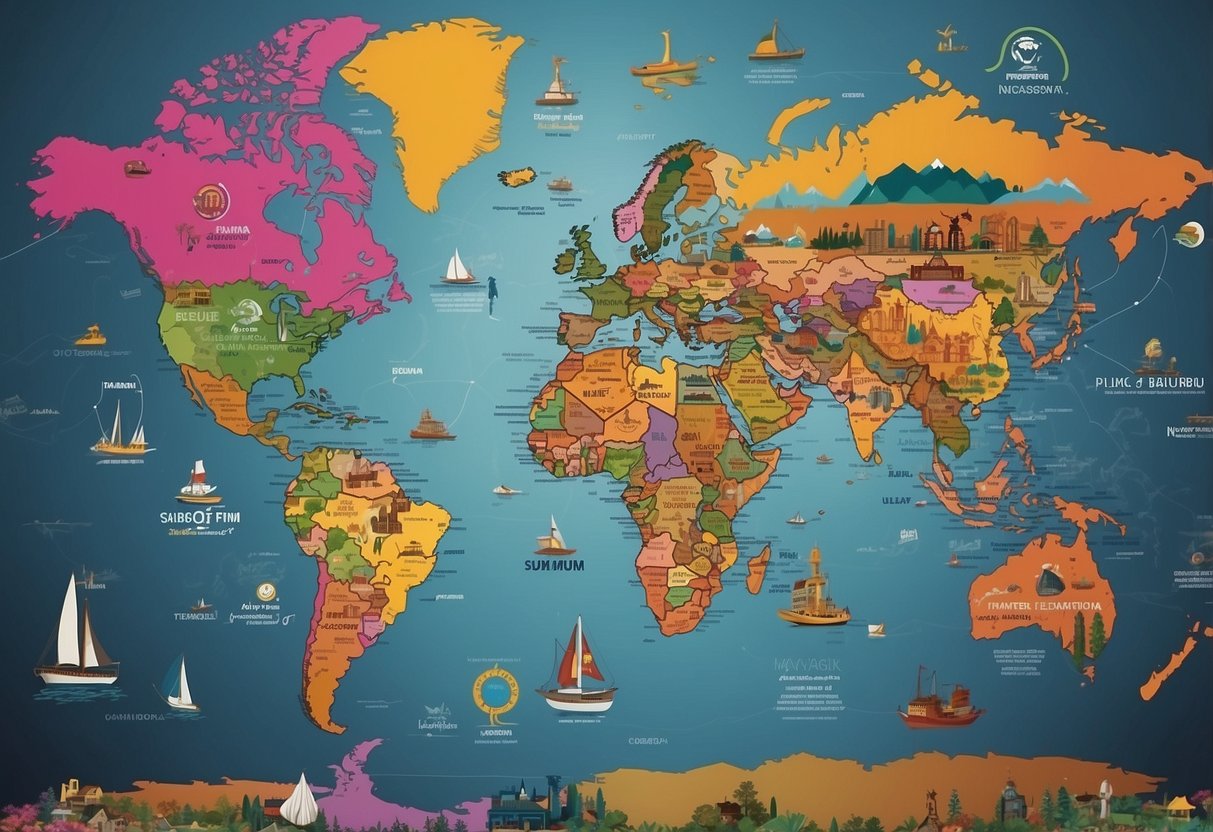 A world map surrounded by diverse cultural symbols, interconnected by colorful lines representing communication and collaboration