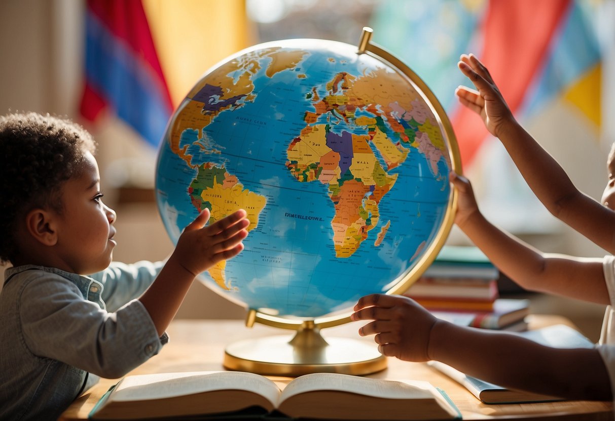 Children's hands reach for a globe surrounded by diverse cultural symbols, while books and maps lay open nearby. A world map hangs on the wall, with colorful flags representing different countries