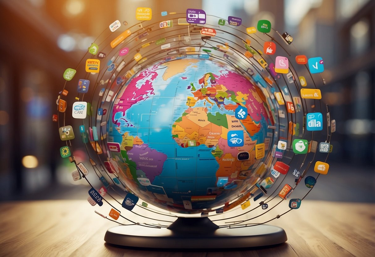 A globe surrounded by colorful language learning apps, with interconnected lines linking them together, representing global interconnectedness