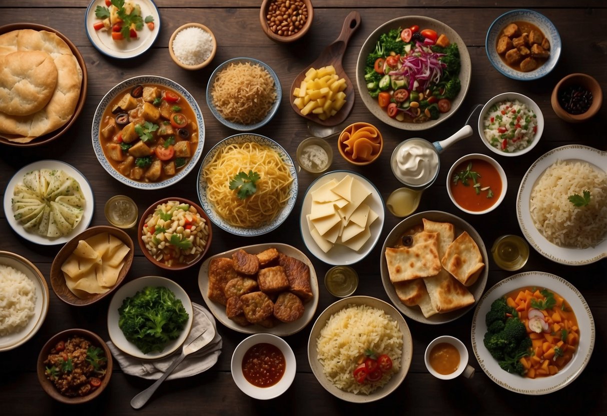 A table filled with diverse dishes from around the world, representing different cultures and cuisines. Flags and symbols of various countries adorn the table, showcasing the interconnectedness of global food traditions