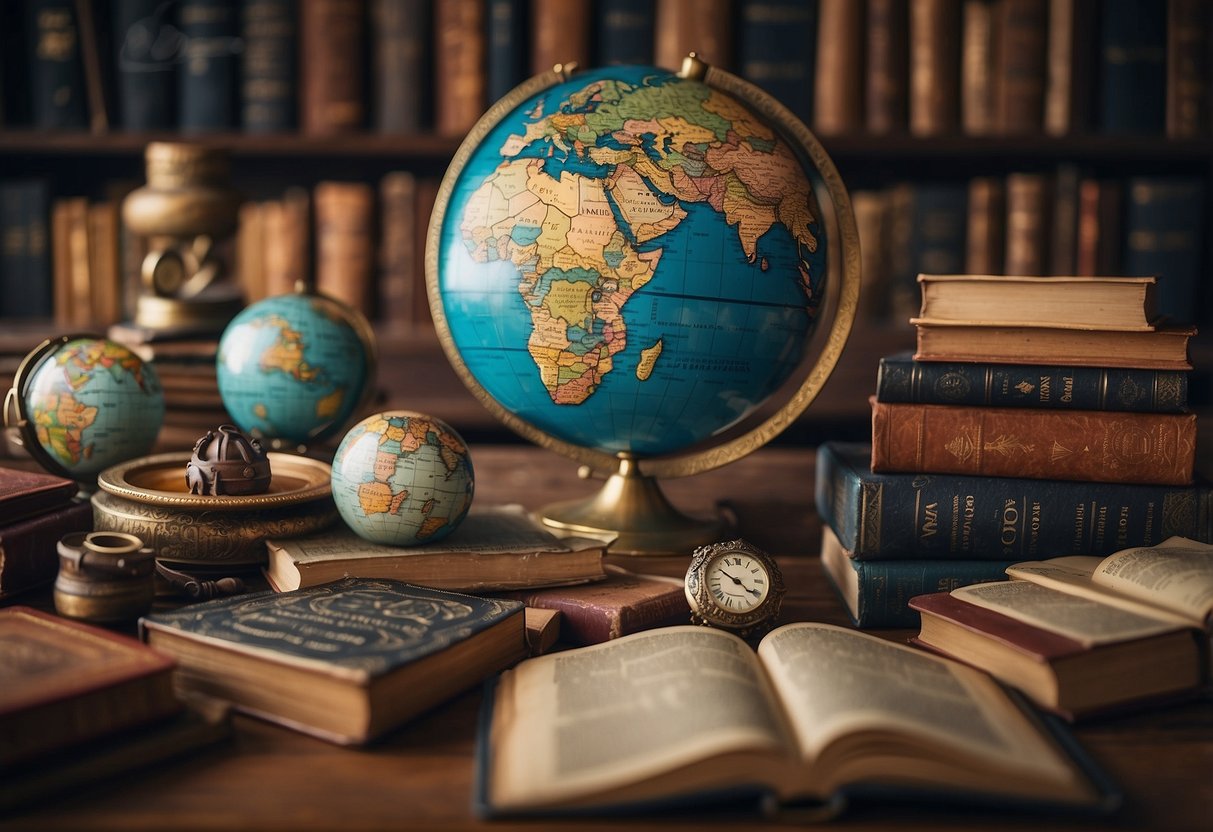 A globe surrounded by diverse books, flags, and cultural artifacts. A world map in the background with interconnected lines linking different countries